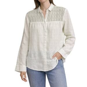 120% Lino Linen Crochet Lace Button Down Shirt Light Green EU 46 Large